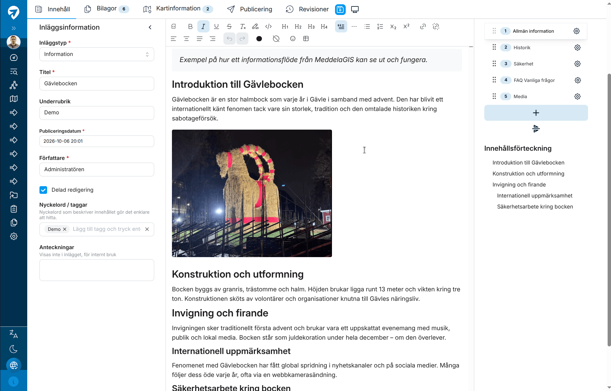 MeddelaGIS redaktörsverktyg med inläggsredigering
